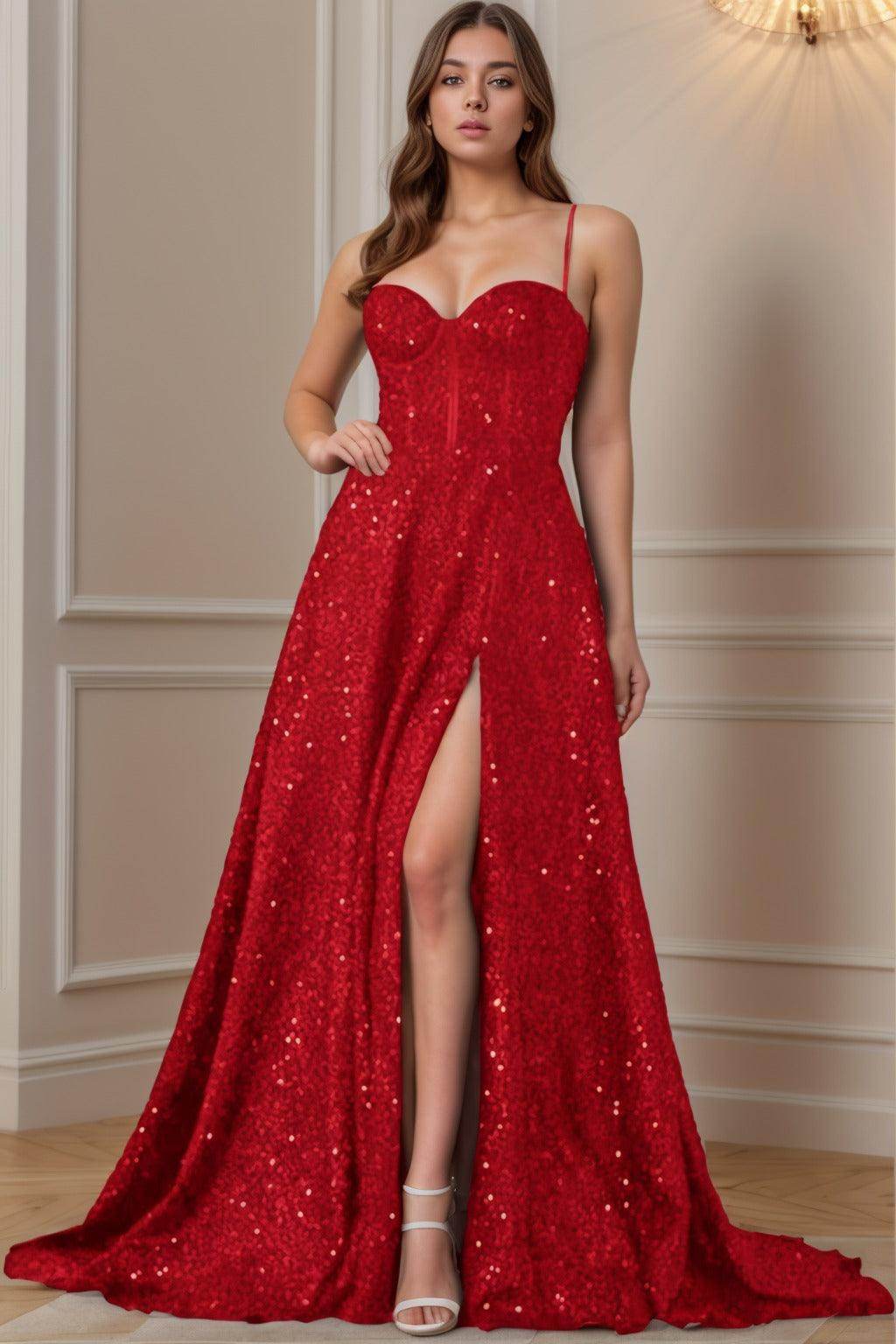 A-Line Sweep-Brush Train Sequined Prom Dress CS0404 - COCOMELODY